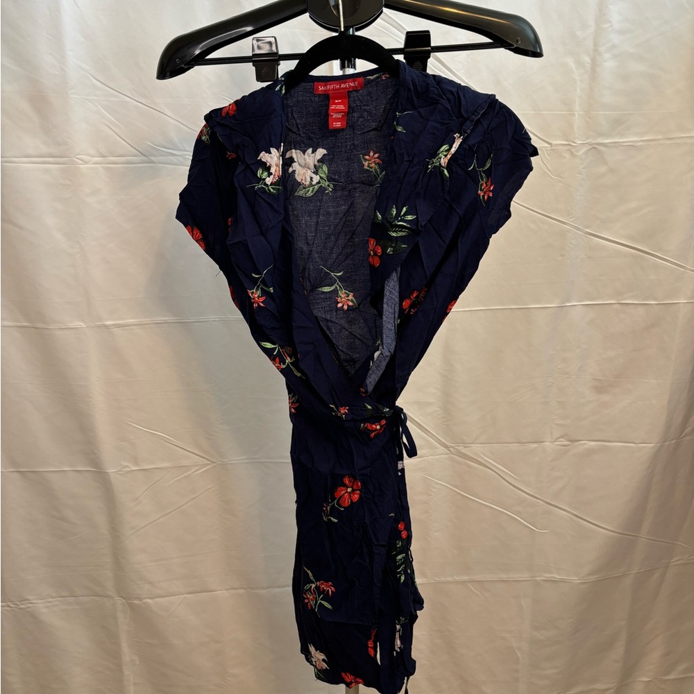 Saks Fifth Avenue Floral Wrap Dress Size S Navy Blue Midi Rayon